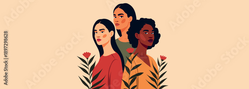 Vector spring banner with space for text for Women's Day, March 8. Women of different nationalities, cultures together. Symbol of freedom, support, movement for gender equality, women's empowerment