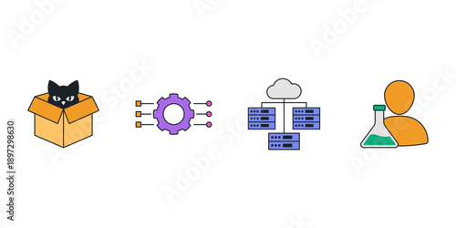 Quantum computing and artificial intelligence vector icon set. Future technology, science, big data, and supercomputer illustration symbols for web design and digital workflow.