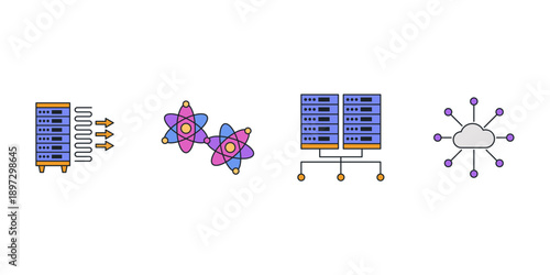 Quantum computing and artificial intelligence vector icon set. Future technology, science, big data, and supercomputer illustration symbols for web design and digital workflow.
