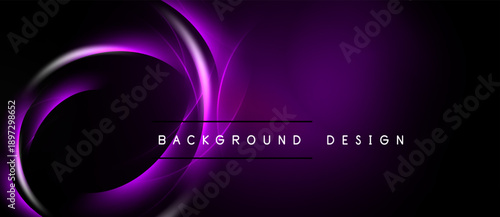 Abstract purple design features swirling lines, glowing effect. Dark background creates dramatic visual impact. Text reads background design.