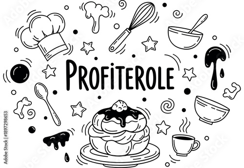 Black and white profiterole illustration with baking utensils and ingredients