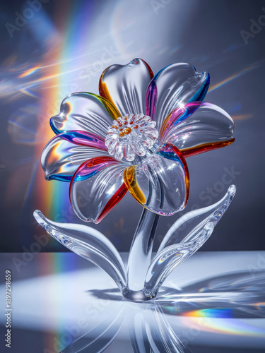 Elegant crystalline glass daisy with stem reflecting rainbow spectrum
