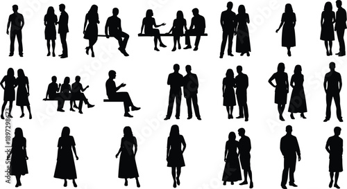 People silhouettes collection, men and women standing sitting walking, social interaction concept, crowd diversity, teamwork, communication, lifestyle illustration set