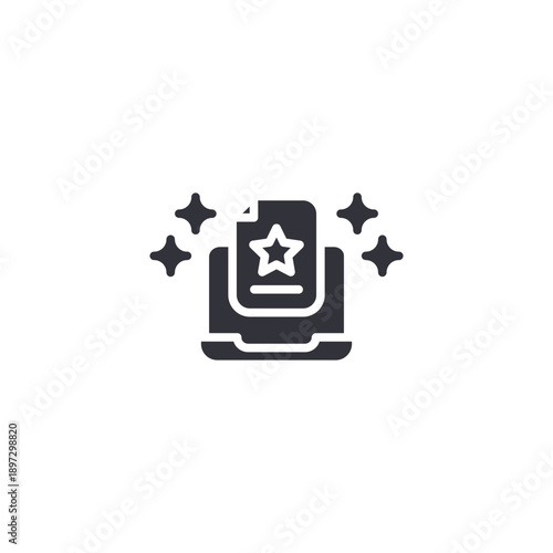 Computer screen with festive badge icon representing virtual celebration and online party event.