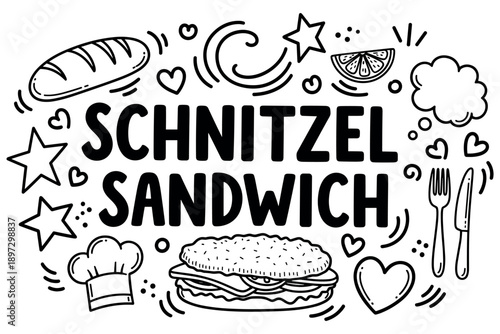 Schnitzel sandwich doodle art with bread, stars, and utensils