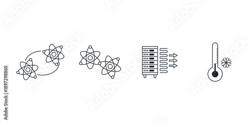 Quantum computing and artificial intelligence vector icon set. Future technology, science, big data, and supercomputer illustration symbols for web design and digital workflow.