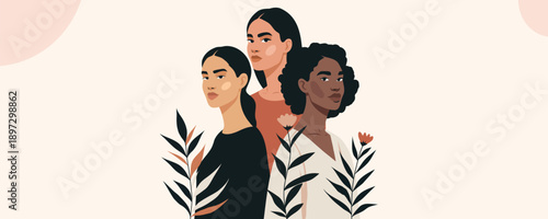 Vector spring banner with space for text for Women's Day. Women of different nationalities, cultures stand together. Symbol of freedom, care, support, movement for gender equality, women's empowerment