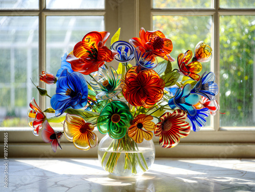 Colorful glass flowers in crystal vase standing on sunlit windowsill