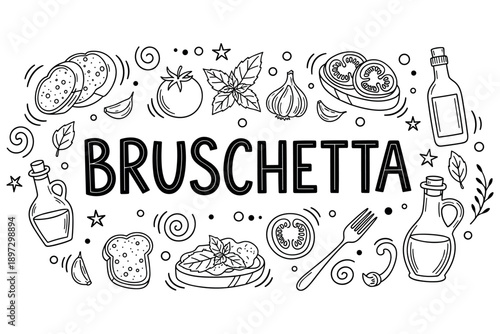 Hand-drawn bruschetta ingredients and patterns in black and white