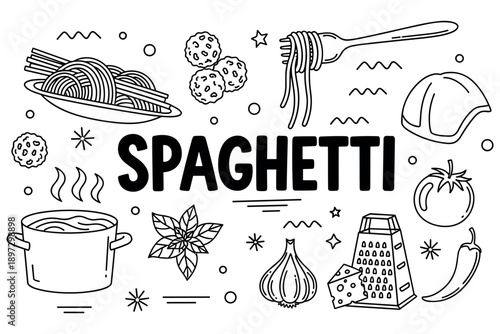 Spaghetti pasta ingredients and utensils in simple line art style