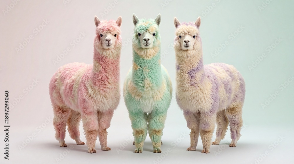 Fototapeta premium Three colorful alpacas standing together in a studio setting.