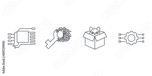 Quantum computing and artificial intelligence vector icon set. Future technology, science, big data, and supercomputer illustration symbols for web design and digital workflow.