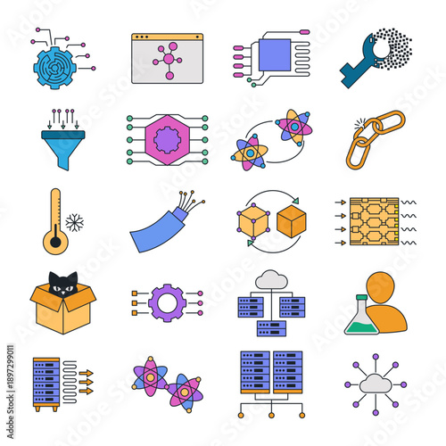 Quantum computing and artificial intelligence vector icon set. Future technology, science, big data, and supercomputer illustration symbols for web design and digital workflow.