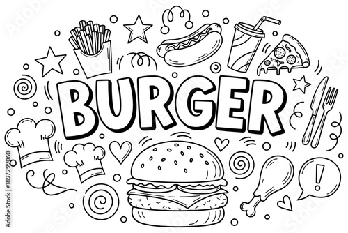 Burger and fast food doodle art with fries, pizza, and drinks