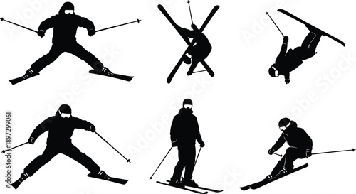 Black silhouette of skiers performing jumps and tricks, alpine skiing athlete collection, winter sports icons set, freestyle mountain skiing action illustrations