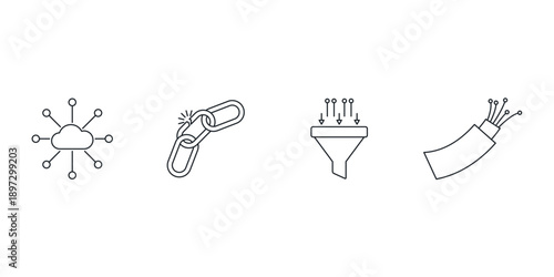 Quantum computing and artificial intelligence vector icon set. Future technology, science, big data, and supercomputer illustration symbols for web design and digital workflow.