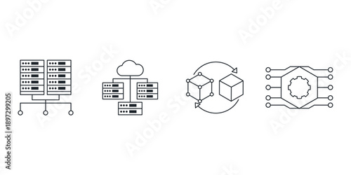 Quantum computing and artificial intelligence vector icon set. Future technology, science, big data, and supercomputer illustration symbols for web design and digital workflow.