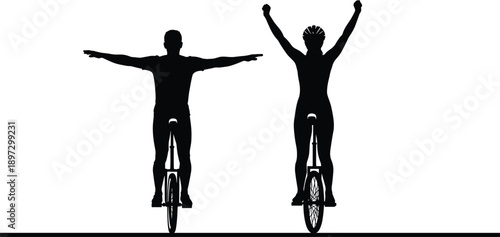 Black Silhouette of Two Cyclists Riding Unicycles with Arms Raised in Victory and Balance Representing Success Achievement and Outdoor Sports.