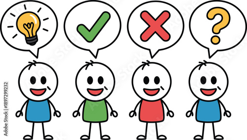 Cartoon feedback characters illustration showing idea, approval, rejection and question icons, smiling people with speech bubbles for decision making and user opinion concepts