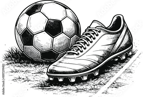 Soccer Ball and Cleat Shoe Vintage Sports Illustration Black and White