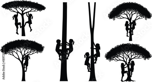 Black Silhouette Set of Young Children Climbing Trees and Playing Outdoors in Nature for Childhood Adventure Active Play and Recreational Design,