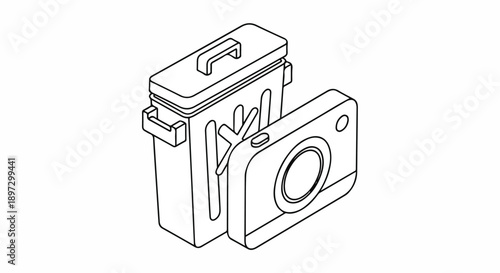 Isometric line art illustration of a camera and a trash can, symbolizing photo deletion, digital declutter, unwanted content removal, or data privacy.