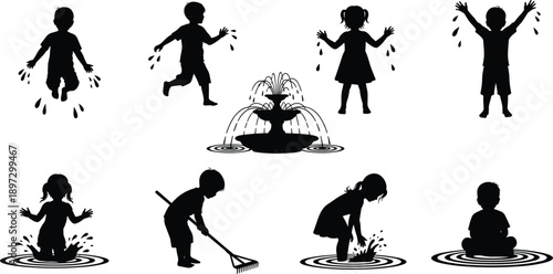 Black silhouettes of children playing in water fountain, kids splashing in puddles, summer park activities, childhood fun, and outdoor garden fountain,