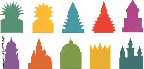 Colorful abstract building silhouettes collection, architectural landmark icons set, minimal flat design, modern city shapes, vector illustration, creative graphic elements
