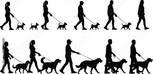 Black silhouettes of people walking dogs on leashes, set of men and women with different dog breeds for pet services,