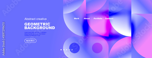 Abstract geometric background. Blue, purple hues dominate design. Website header includes navigation options, text elements.