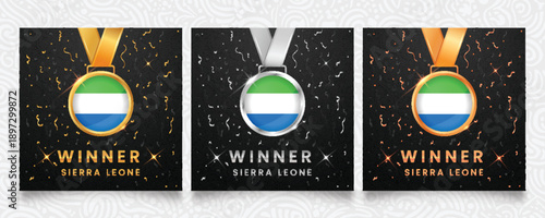 Sierra Leone winner set featuring gold, silver, and bronze medals with the national flag design, displayed on a dark background with festive confetti, sparkling highlights and patterns
