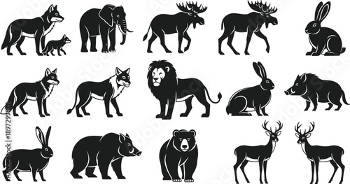 Black wild animal silhouette collection, forest mammal icons, safari creatures set, nature wildlife elements, isolated on white background, cad drawing flat vector illustration