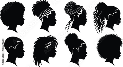 Black woman profile silhouette set, african american hairstyles collection, natural hair icons, afro braids curls, cad drawing flat vector illustration