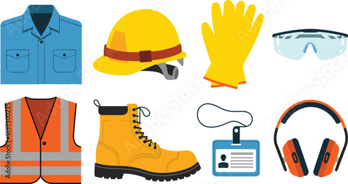 Construction safety equipment illustration set with helmet, gloves, vest, boots, goggles and protective gear, flat vector isolated on white background