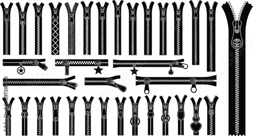 Black zipper silhouettes set with various metal and plastic tooth styles, open and closed garment fasteners for fashion design and tailoring,
