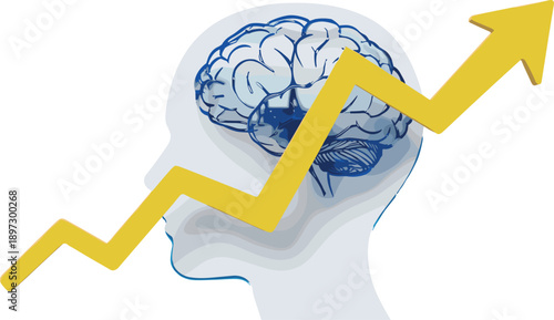 Human brain growth concept illustration, upward arrow showing intelligence improvement, mental development, learning progress, cognitive performance, psychology, success, business, education