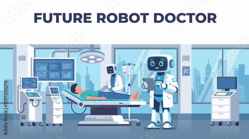 friendly future robot working as a doctor inside a modern hospital, designed for healthcare innovation, medical technology, and branding visuals