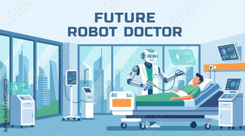 friendly future robot working as a doctor inside a modern hospital, designed for healthcare innovation, medical technology, and branding visuals