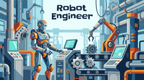 future robot engineer operating machinery inside an advanced factory environment colorful cartoon vector illustration