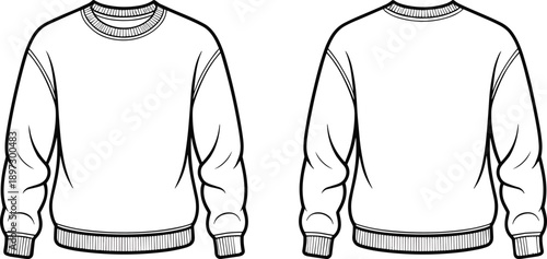 Crewneck sweatshirt front and back views vector illustration, classic pullover sweater fashion technical drawing, minimalist apparel outline design