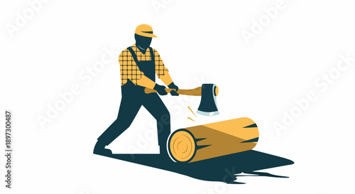 Illustration of a strong lumberjack or woodcutter in workwear, wearing a hat and overalls, chopping a large wooden log with an axe. Flat design.