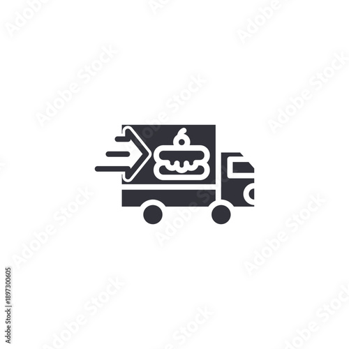 Delivery truck with cake symbol icon representing cake delivery service and dessert logistics.
