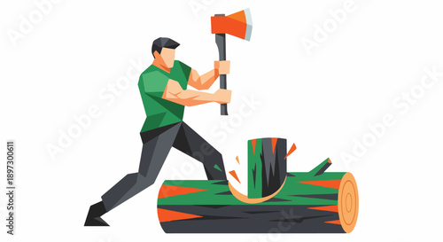 Strong man chopping a large wood log with an axe, illustrating a lumberjack's work or firewood preparation. Flat vector illustration.