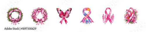 Watercolor Pink Ribbon Cancer Awareness Symbols and Female Portrait