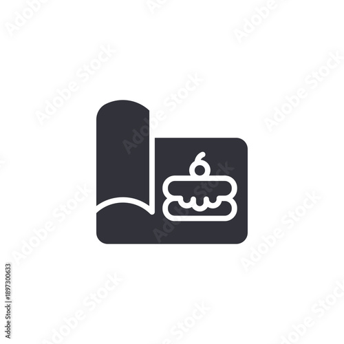 Open cookbook with cake symbol icon representing pastry recipe collection and culinary reference.