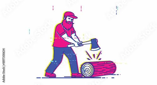 Bearded lumberjack man chopping wood with an axe, a modern flat line illustration with a vibrant glitch effect. Woodcutter character at work.