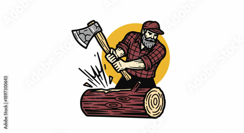 Graphic illustration of a bearded lumberjack in a plaid shirt and cap vigorously chopping a log with an axe, depicting forestry and hard work.