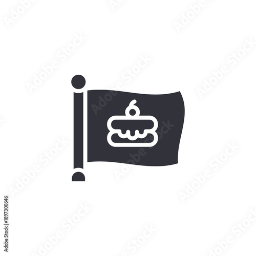 Flag with cake symbol icon representing bakery promotion and festive dessert celebration banner.