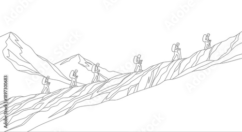 a team of hikers with backpacks and trekking poles ascending a steep rocky mountain path symbolizing perseverance challenge and outdoor adventure.