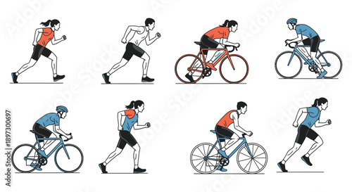 clean line art illustrations of diverse male and female athletes running and cycling depicting fitness sports and a healthy active lifestyle.
